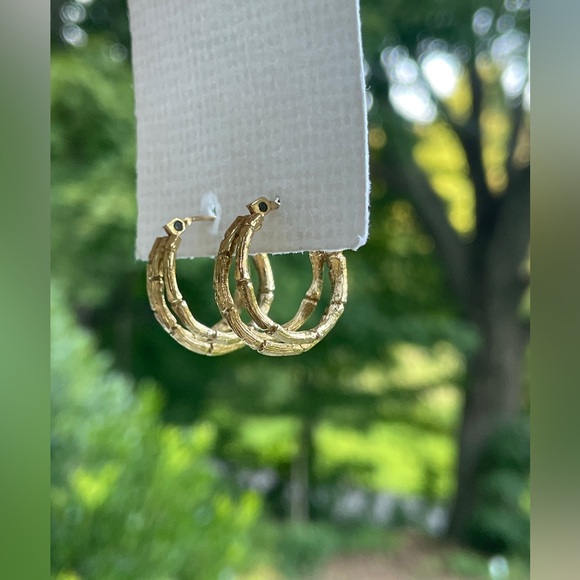 Vintage Monet Bamboo Style Gold Tone Triple Hoop Earrings - Picture 2 of 6